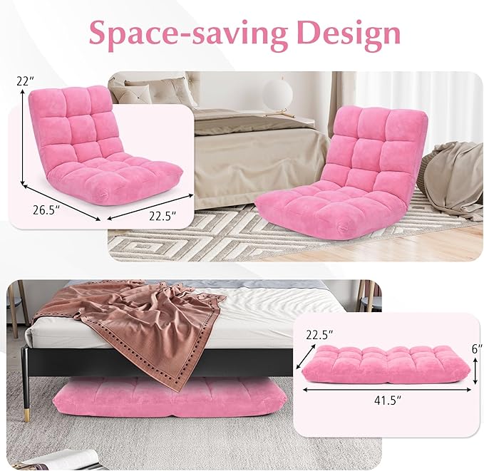 RELAX4LIFE Floor Chair with Back Support - 14-Position Adjustable Lazy Sofa Chair, Padded Sleeper Bed & Couch Recliner for Reading Meditation, Folding Floor Gaming Chair for Adults (Pink)