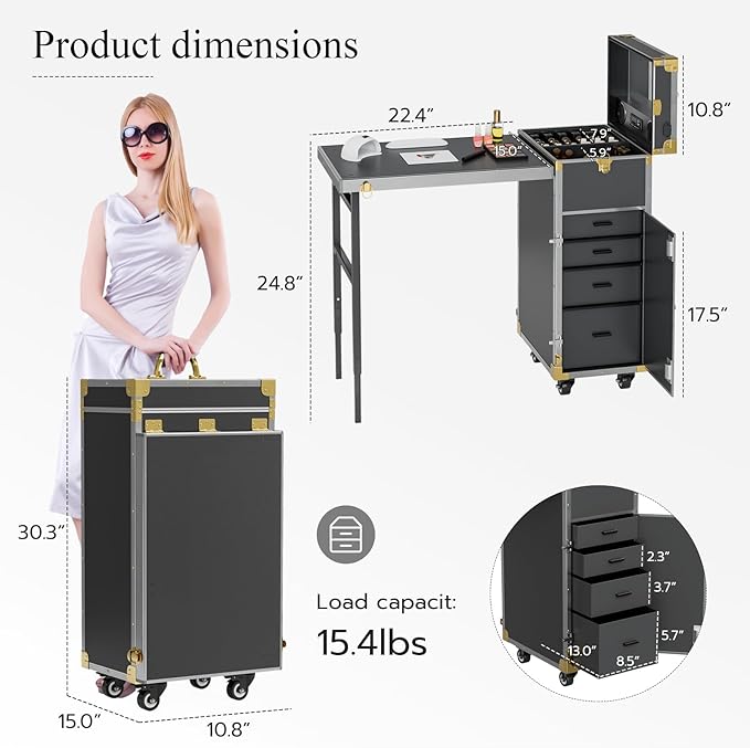 Icoget Portable Rolling Manicure Table for Nail Teach, Foldable Traveling Nail Desk w/Storage, Mobile Nail Table w/Audio and Mirror, Makeup Train Case Cosmetic Trolley, Black
