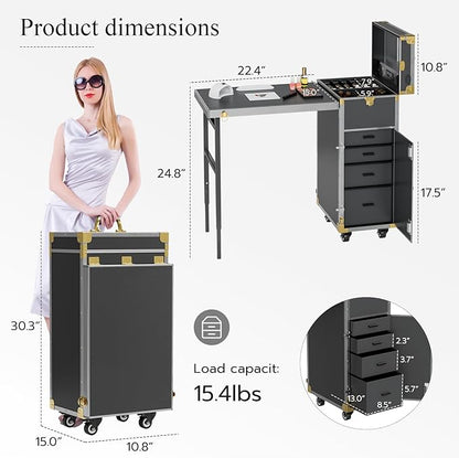 Icoget Portable Rolling Manicure Table for Nail Teach, Foldable Traveling Nail Desk w/Storage, Mobile Nail Table w/Audio and Mirror, Makeup Train Case Cosmetic Trolley, Black