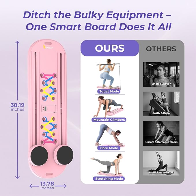 Pilates Reformer Board – 5-in-1 Foldable Pilates Machine for Home Workout, Portable Fitness Board with Resistance Bands, Full Body Training for Women