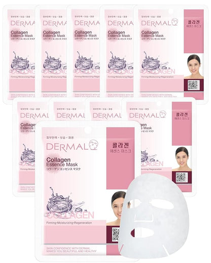 DERMAL Collagen Essence Facial Mask Sheet 23g Pack of 10 - Moisturizing & Firming, Anti Wrinkle, For Healthy Dewy Skin, Daily Skin Treatment Solution Sheet Mask