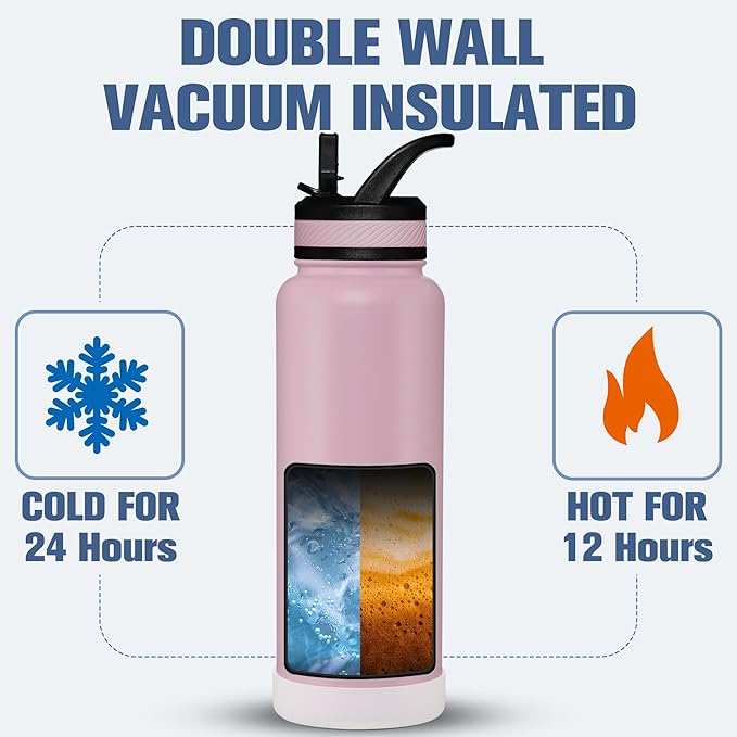 OLDLEY 40 oz Insulated Water Bottle With Straw, Stainless Steel Sports Water Cup Flask with 3 Lids(Straw, Spout and Handle Lid) Double Walled Travel Thermal Canteen Mug,Lavender Mist