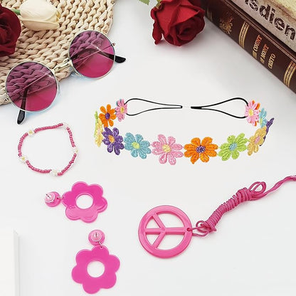 Hippie Costume Accessories Set Peace Sign Necklace Sunglasses Flower Headband Earrings for 60s 70s Outfit Party Women