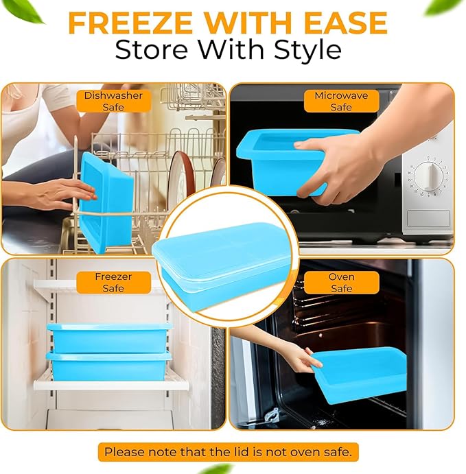 (2 Pack) Large Silicone Freezer Containers For Soup, Pasta Sauce, Leftovers, Broth & More - 6 Cup Reusable BPA Free Non Plastic Food Storage Freezing Ice Trays With Lids & Measurement Lines