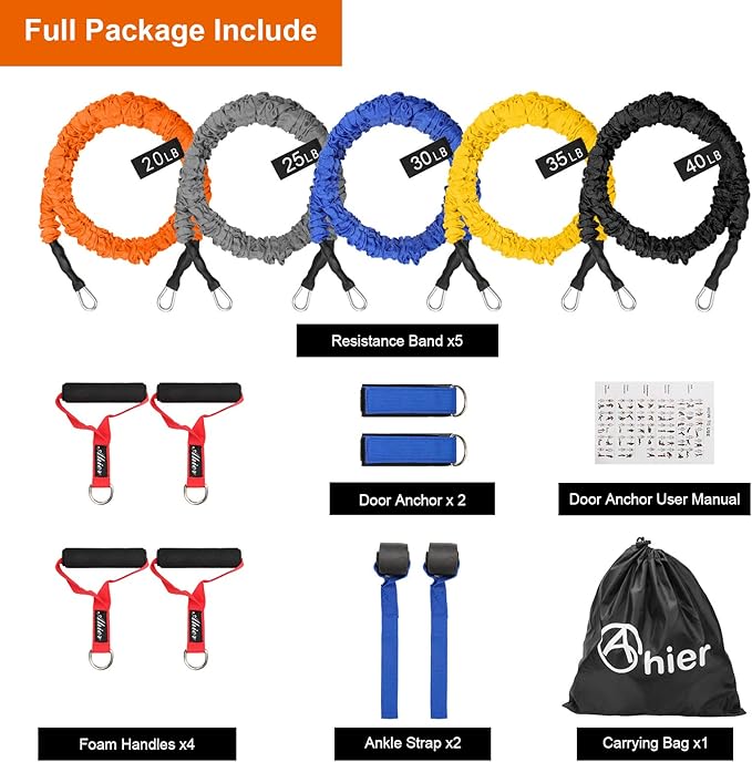AHIER 14PCS Resistance Bands Set, Exercise Bands for Men & Women, 20lbs to 40lbs Workout Bands, Elastic Resistance Bands with Door Anchor, and Ankle Straps for Training, Yoga