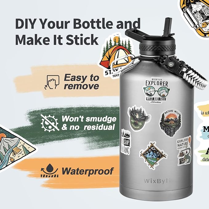 One Gallon Water Bottle Insulated, Triple Wall Vacuum Cold for 48 Hrs & Leak-proof & Non-BPA, 128oz Large Sports Stainless Steel Water Jug with Paracord Handle Straw Spout Lids & DIY Stickers