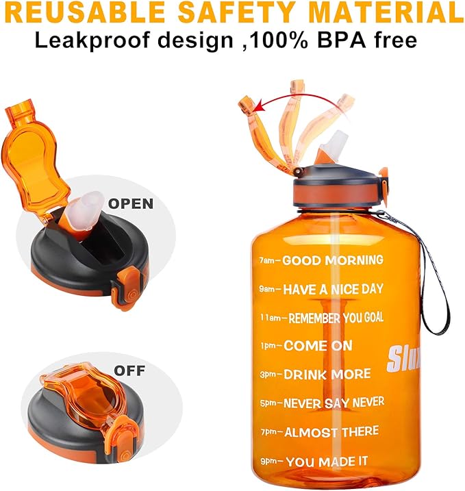 1 Gallon Motivational Sports Water Bottle with Time Marker, BPA Free 128oz Leak Proof Jug, Black, Plastic, 128 ounces, Fitness, Sports, Outdoor Activities