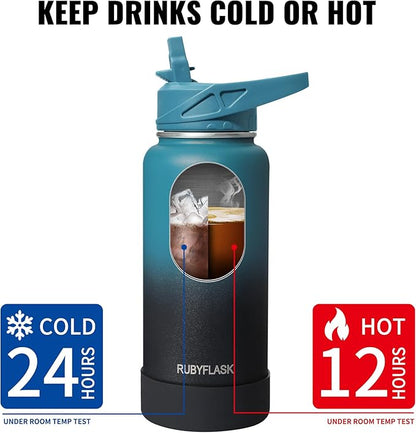 24oz Insulated Water Bottle with Straw, Stainless Steel Metal Vacuum Water Flask, Large Thermal Water bottle with Leakproof 3 Lids for Travel, Camping, Gym Sports Navy