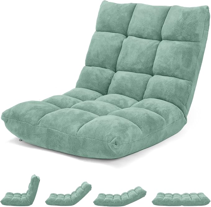 GORELAX Memory Foam Floor Chair, 14-Poistion Adjustable Floor Reading Gaming Chair Recliner, Folding Cushioned Meditation Chair with Back Support, Padded Lazy Sofa Chair for Adults, Kids (Green)