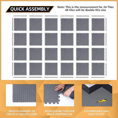 24 Pack - 1/2" Extra Thick Floor Exercise Mat for Home Gym Floor Padding for Kids - High-Density EVA Interlocking Foam Floor Tiles for Gym Equipment, Play Area, Yoga, Cardio, Weights, MMA