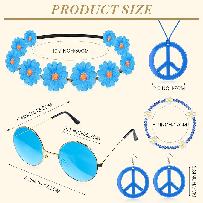 Batiyeer 6 Pcs Hippie Costume Accessories Set, Boho Peace Sign Daisy Flower 60s 70s Party Favors Decor for Groovy Party Women