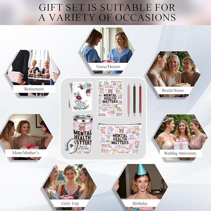 Mental Health Gifts Positive Affirmations Mental Health Awareness Inspirational Gifts for Women Mom Friend Birthday Friendship Christmas, Office 6PCS 20oz Tumbler Makeup Bag Ballpoint Pen Notebook