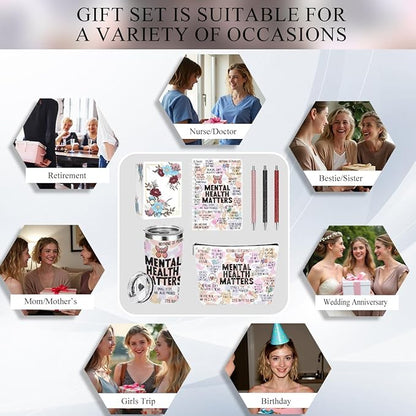 Mental Health Gifts Positive Affirmations Mental Health Awareness Inspirational Gifts for Women Mom Friend Birthday Friendship Christmas, Office 6PCS 20oz Tumbler Makeup Bag Ballpoint Pen Notebook