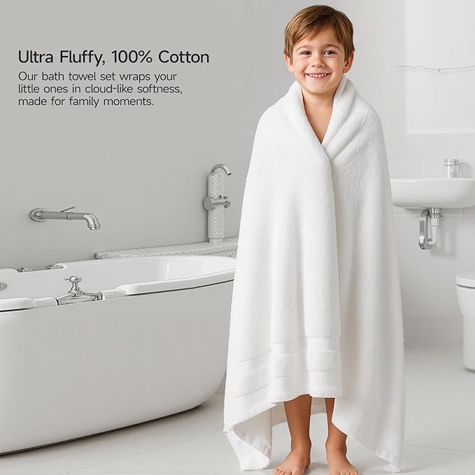 REDKISS 100% Cotton Bath Towels Set of 2, Extra Large Bath Sheets 35 X 70 Inches, 800 GSM, Quick Dry, Ultra Soft & Super Absorbent Bathroom Towel Sets for Bathroom, Gym, Spa, Pool & Hotel, White