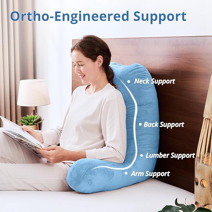 Sasttie 25-inch Reading Pillows for Sitting in Bed Adult, Jumbo Velvet Back Pillow Bed Sitting Up, XL High Back-Rest Support Cushion for Sit Up on Couch & Floor, Oeko-Tex Certified, Blue