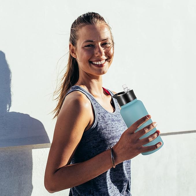 32 oz Insulated Water Bottle Bulk 4 Pack, Stainless Steel Sports Water Bottles with Straw Lid & Wide Mouth Lids, Double Walled Vacuum, Leak Proof, Turquoise Blue