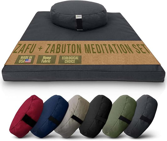 Meditation Cushion Mat Set HEMP - Oval Zafu Floor Pillow Organic Buckwheat Pillow + Cotton Filled HEMP Zabuton Prayer Pad - Meditation Pillow Yoga Knee Pad - Made in USA - 18" Oval, SHADOW GRAY Hemp
