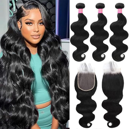 Human Hair Bundles with Closure (20 22 24+18 Inch) 12A Body Wave 3 Bundles with 5x5 Closure 100% Unprocessed Brazilian Virgin Quick Weave Bundles Human Hair Natural Black