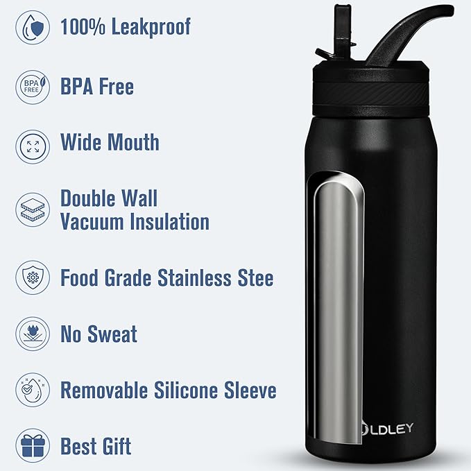 OLDLEY 24 oz Insulated Water Bottle With Straw, Stainless Steel Sports Water Cup Flask with 3 Lids(Straw, Spout and Handle Lid) Double Walled Travel Thermal Canteen Mug,Black