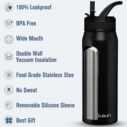 OLDLEY 24 oz Insulated Water Bottle With Straw, Stainless Steel Sports Water Cup Flask with 3 Lids(Straw, Spout and Handle Lid) Double Walled Travel Thermal Canteen Mug,Black