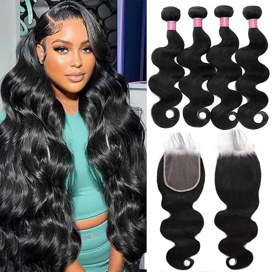 Human Hair Bundles with Closure (24 26 28 30+22 Inch) 12A Body Wave 4 Bundles with 5x5 Closure 100% Unprocessed Brazilian Raw Bundles Human Hair Natural Black
