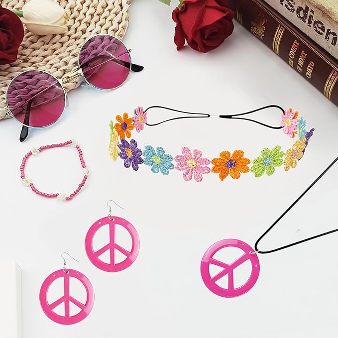 Hippie Costume Accessories Set Peace Sign Necklace Sunglasses Flower Headband Earrings for 60s 70s Outfit Party Women