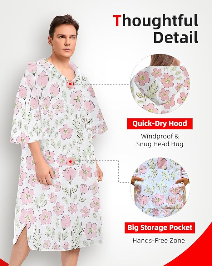 Abahub Surf Poncho Men & Women Towel Poncho Adult with Hood, Thick Quick Dry Changing Poncho Towel, Microfiber Wearable Cover Up for Surfing Beach Swim - Absorbent Changing Towel L (Pink Flower)