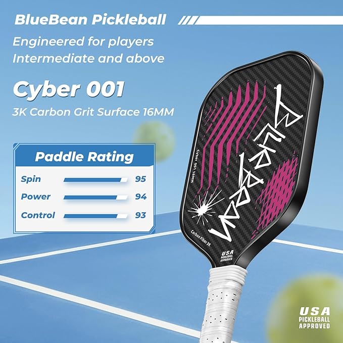 Pickleball Paddles,USAPA,Carbon Fiber Pickleball Paddle with 16MM Polymer Honeycomb Core Provides Lighter Weight&Higher Grit&Spin,Engineered for Professional Players,BlueBean