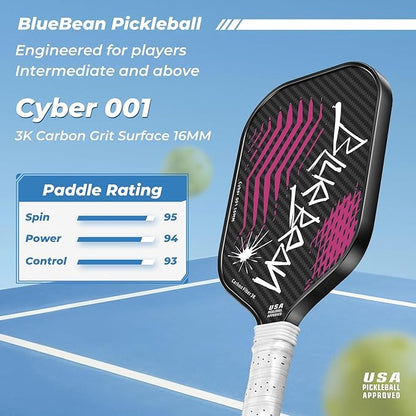 Pickleball Paddles,USAPA,Carbon Fiber Pickleball Paddle with 16MM Polymer Honeycomb Core Provides Lighter Weight&Higher Grit&Spin,Engineered for Professional Players,BlueBean