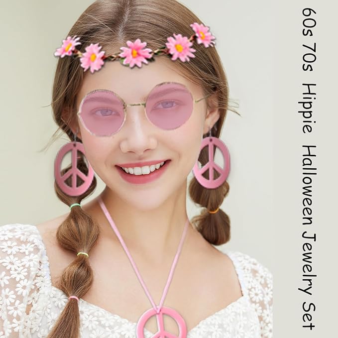 Hippie Costume Accessories for Women Peace Sign Earrings Necklace Flower Headband Sunglasses 60s 70s Accessories