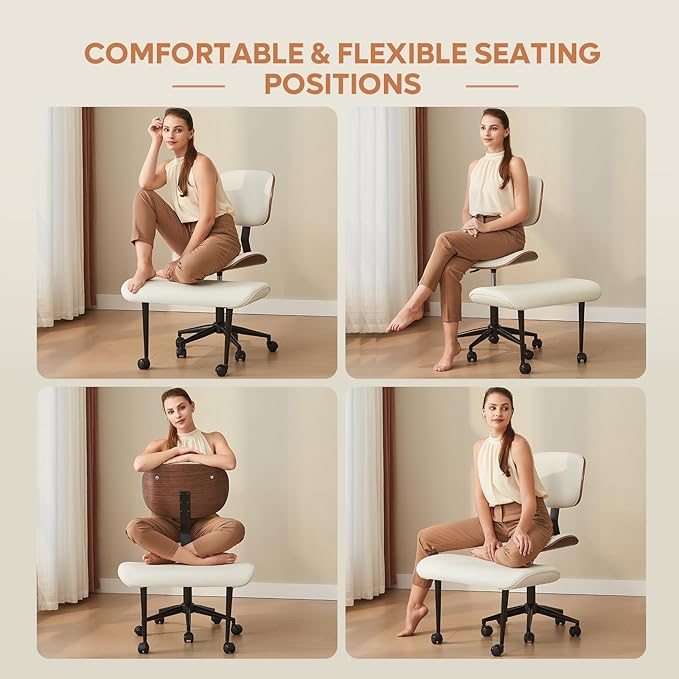 Bestier Criss Cross Office Chair with Wheels, 360° Swivel ADHD Chair for Adults, Height Adjustable Meditation Chair with Wider Bentwood Back Support for Multi Position (Contemporary Bentwood, White)