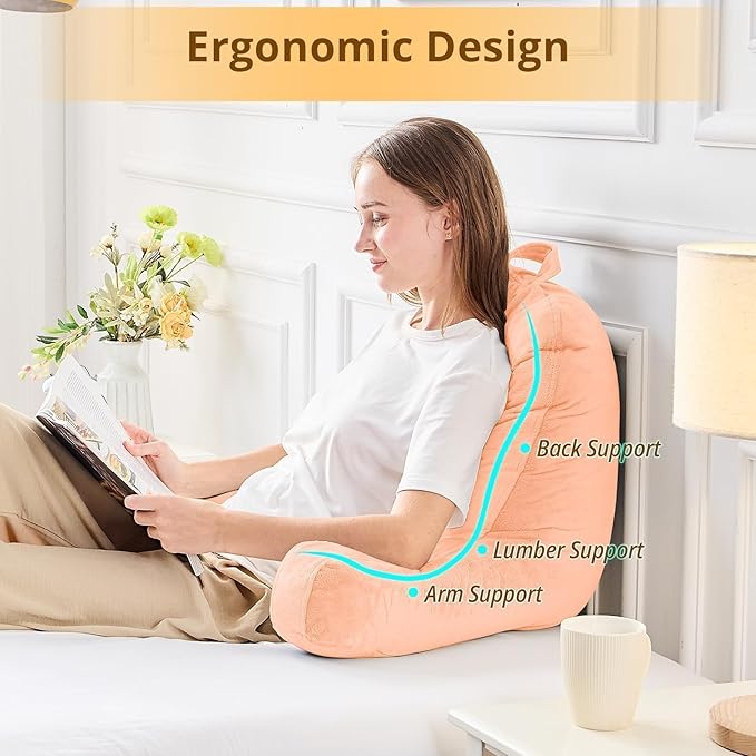 Sasttie Reading Pillow, Velvet Back Pillow for Bed Sitting Up, Adult Back-Rest Support Cushion with Arms for Sit Up on Couch, Sofa, and Floor, Dorm Essentials, Reading Accessories, Light Salmon