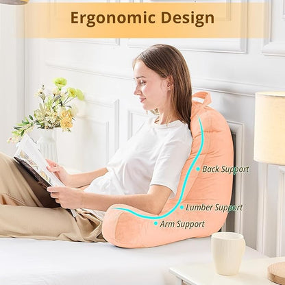 Sasttie Reading Pillow, Velvet Back Pillow for Bed Sitting Up, Adult Back-Rest Support Cushion with Arms for Sit Up on Couch, Sofa, and Floor, Dorm Essentials, Reading Accessories, Light Salmon