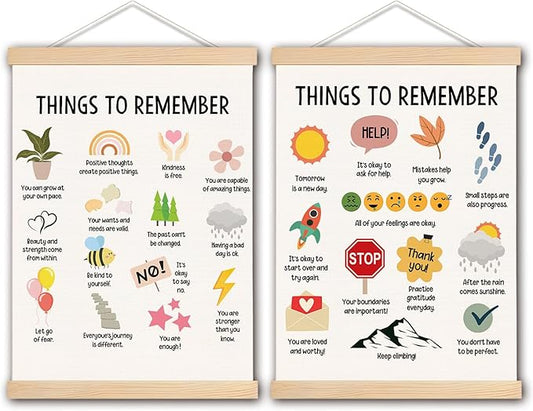 DNEULYR Mental Health Wall Decor, Things to Remember Wall Art With Wooden Poster Hanger, Mental Health Posters Wall Decor for Counselor Therapy Office Classroom Kids Room, 12x16 Inches Set of 2