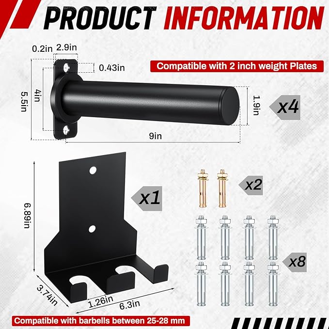Shimeyao 4 Pack Wall Mounted Weight Plate Holder for 2" Weight Plate and 1 Pack 2 Hooks Barbell Hanger, Vertical Barbell Mount Rack for Garage Home Gym Organizer Accessory