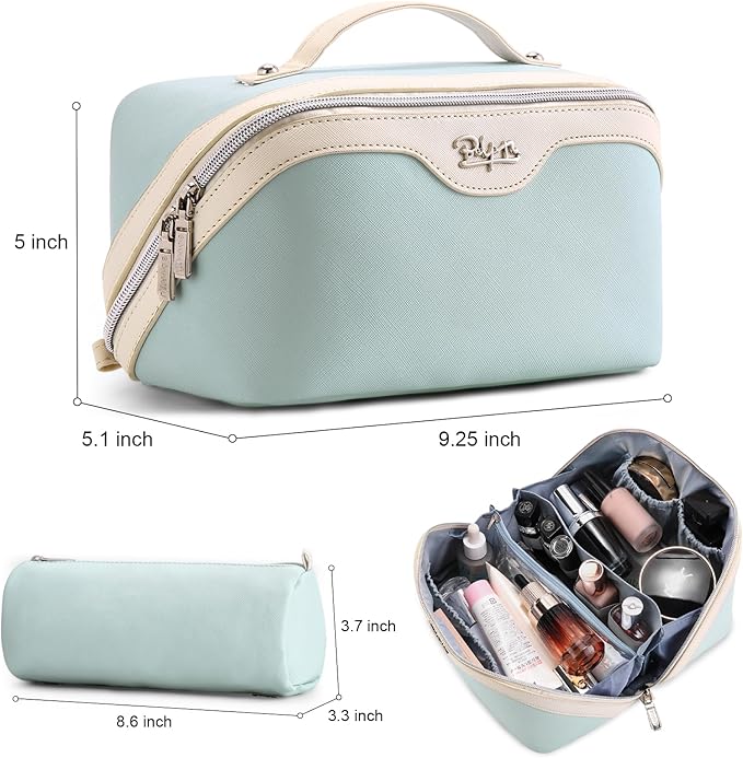 BOYATU Travel Makeup Bag Organizer Cosmetic Bag: 3 Pcs Set Make up Bags for Women with Handle - Waterproof Vegan Leather Toiletry Bags Travel Essentials Pouch with Compartments (G-03-Blue)