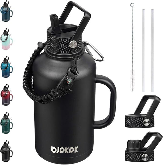 BJPKPK Half Gallon Insulated Water Bottles with Straw Lid & Side Handle, 50oz, 64oz, 87oz, 128oz Large, Stainless Steel Water Bottles with 3 Lids and Paracord Strap, Metal Water Jug,Black
