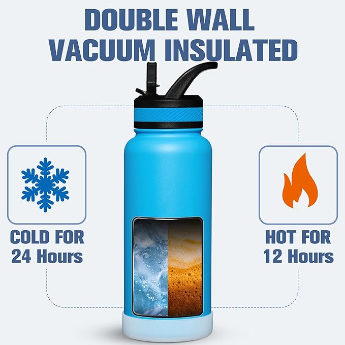 OLDLEY 32 oz Insulated Water Bottle With Straw, Stainless Steel Sports Water Cup Flask with 3 Lids(Straw, Spout and Handle Lid) Double Walled Travel Thermal Canteen Mug,Sky Blue