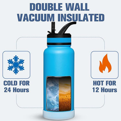 OLDLEY 32 oz Insulated Water Bottle With Straw, Stainless Steel Sports Water Cup Flask with 3 Lids(Straw, Spout and Handle Lid) Double Walled Travel Thermal Canteen Mug,Sky Blue