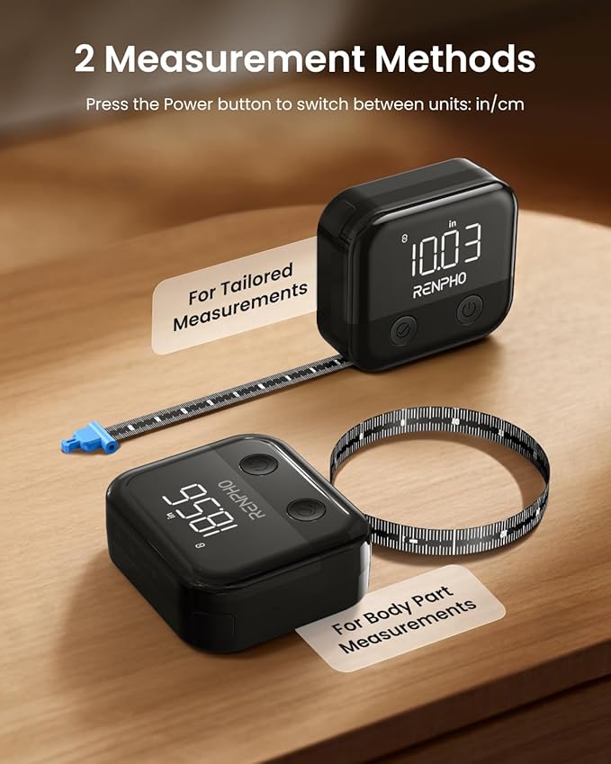 RENPHO Smart Body Measuring Tape, Rechargeable Tape Measure with LED Display, Measuring Tape for Body Measurements with App for Weight Loss & Fitness Shape, Retractable, 60in /150cm, Black