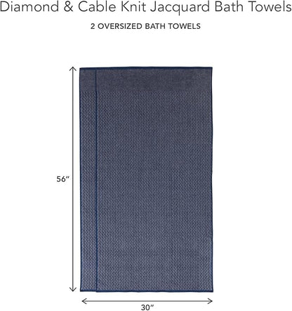 Texere 100% Organic Cotton Jacquard 650 GSM Premium Bath Towel Sets - Extra Absorbent Quick Dry and Plush (Cable, Estate Blue, 2 Bath Towels)