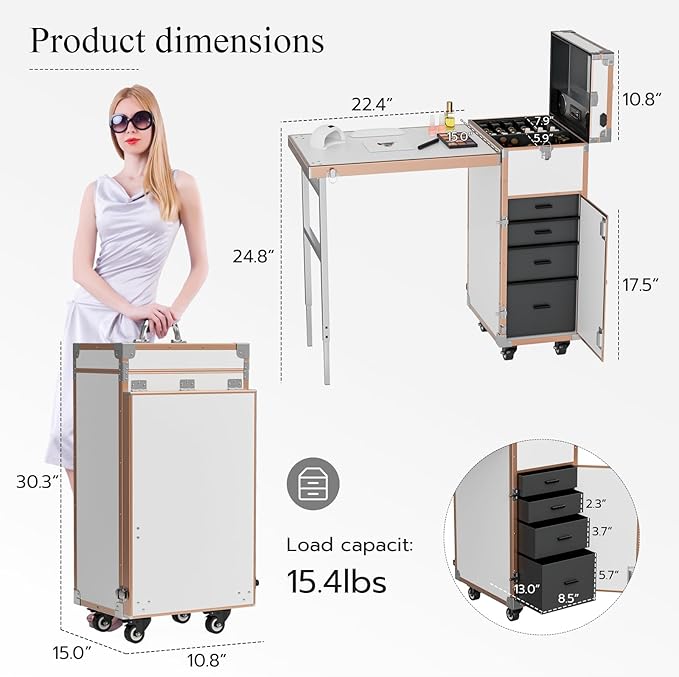 Icoget Portable Rolling Manicure Table for Nail Teach, Foldable Traveling Nail Desk w/Storage, Mobile Nail Table w/Audio and Mirror, Makeup Train Case Cosmetic Trolley, White