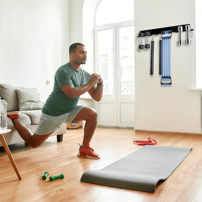 Tebery 9 Hook Home Gym Storage Rack Wall Mount, Fitness Equipment Organizer, Metal Gym Accessory Hanger for Exercise Bands, Jump Ropes, Barbells, Lifting Belts