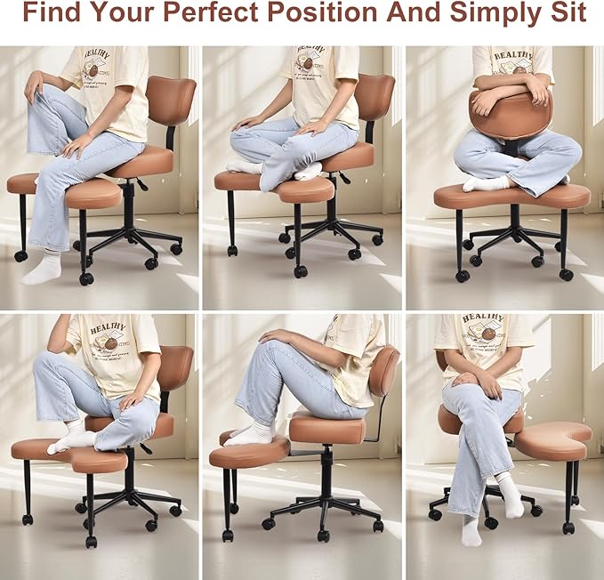 Meditation Chair, Cross Legged ADHD Office Chair for Adults with Wheels Ergonomic Back Support and Leg Rest for Multi Position Criss Cross Sitting Kneeling and Yoga Height Adjustable, Leather Style
