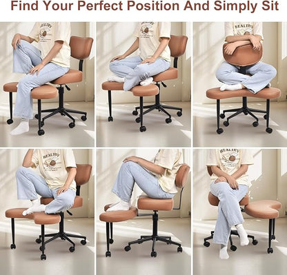 Meditation Chair, Cross Legged ADHD Office Chair for Adults with Wheels Ergonomic Back Support and Leg Rest for Multi Position Criss Cross Sitting Kneeling and Yoga Height Adjustable, Leather Style