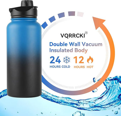 32 Oz Insulated Water Bottle Bulk 8 Pack, Stainless Steel Sports Water Bottles with Straw Lid & Wide Mouth Lids, Double Walled Vacuum, Leak Proof, Blue Black Gradient