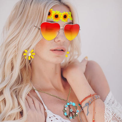 4 Pcs Hippie Costume Accessories Set 70s Peace Sign 60s Outfits for Women Necklace Daisy Earrings Flower Headband Sunglasses