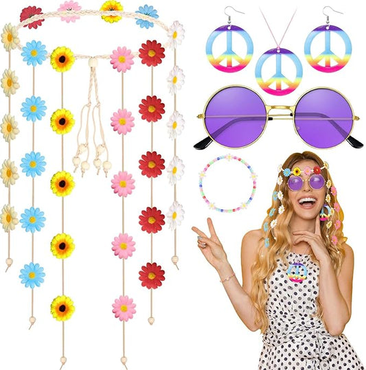 6 Pcs Hippie Costume Accessories Set, Flower Hippie Headband Boho Peace Sign Necklace Earrings Sunglasses Bracelet