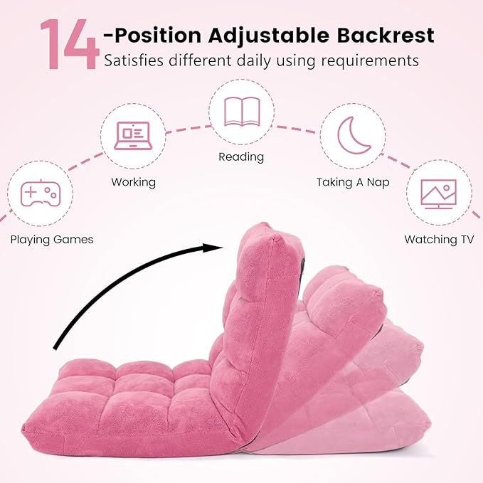 Moccha 14-Position Floor Chair, Folding Sofa Chair with Back Support, Memory Foam Floor Gaming Chairs for Adults, Adjustable Padded Couch Recliner Sleeper Bed for Reading, Meditating, Pink