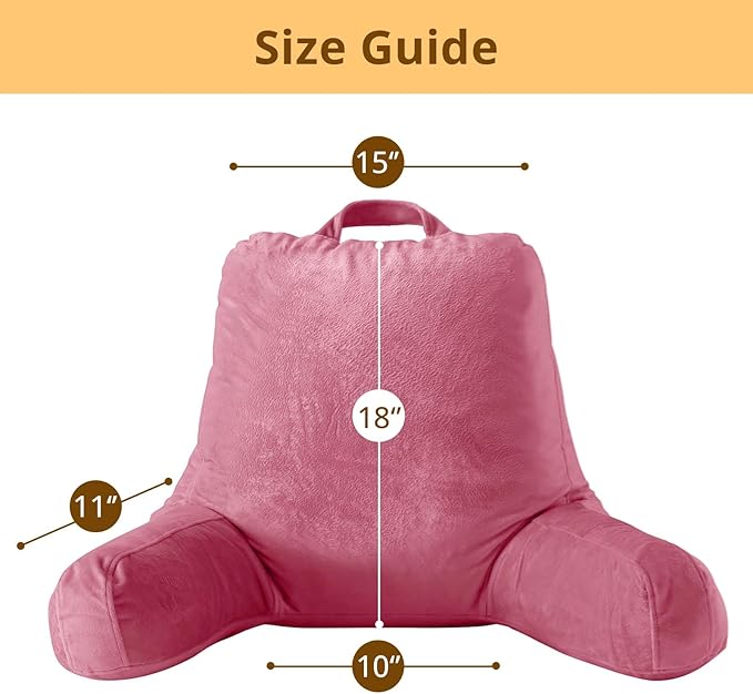 Sasttie Reading Pillow, Velvet Back Pillow for Bed Sitting Up, Adult Back-Rest Support Cushion with Arms for Sit Up on Couch, Sofa, and Floor, Dorm Essentials, Reading Accessories, Rose Pink